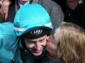 Jockey Brad McLean receives a kiss from Gai Waterhouse after an impressive victory on Valediction in the Brierly Steeplechase. Picture: Rob Gunstone