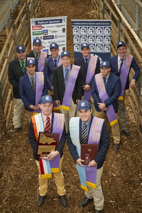Ten of the best: Winner Joe Allen, Euroa, and runner up Josh McDonald, Warrnambool, front all of the competitors in the Victorian Young Auctioneers Competition.