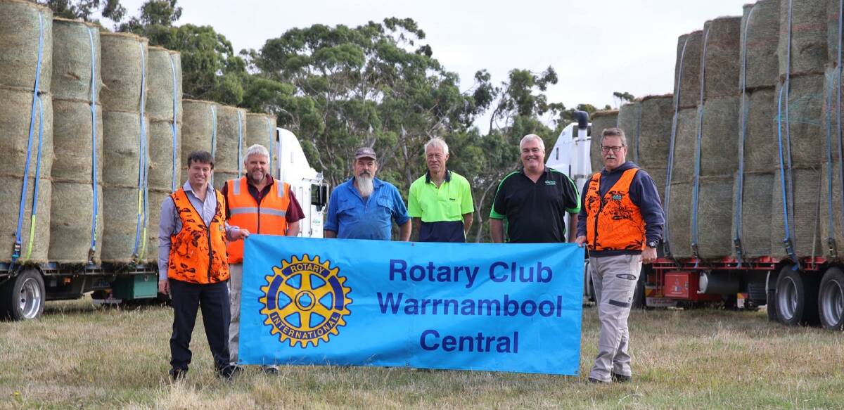 On the road: l-r Brendan O'Neil, Warrnambool Central Rotary, Cliff Banner, Warrnambool Field and Game, Colin Cummings, Cummings Transport, Roger Woodward, Grinter Transport, Craig Grinter, Grinter Transport and Glendon Dickinson Warrnambool Field and Game/Warrnambool Central Rotary. Picture: Supplied