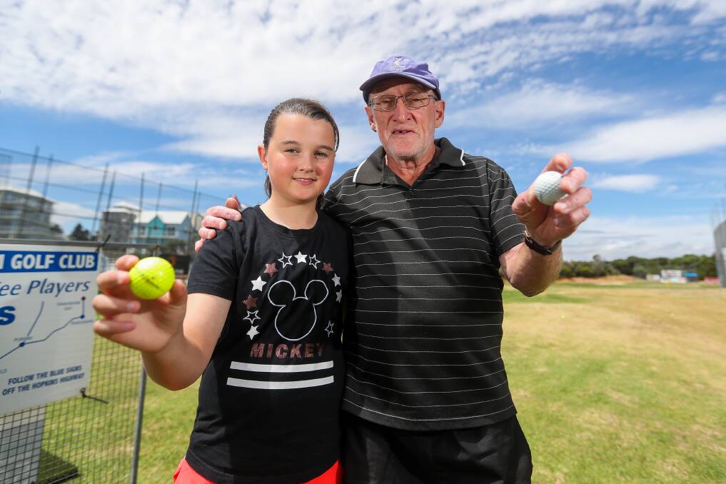 Family Challenge: Brian O'Leary (right) has been spurred on by his granddaughter, Chelsea O'Leary, 11, with both scoring a hole in one. Picture: Morgan Hancock