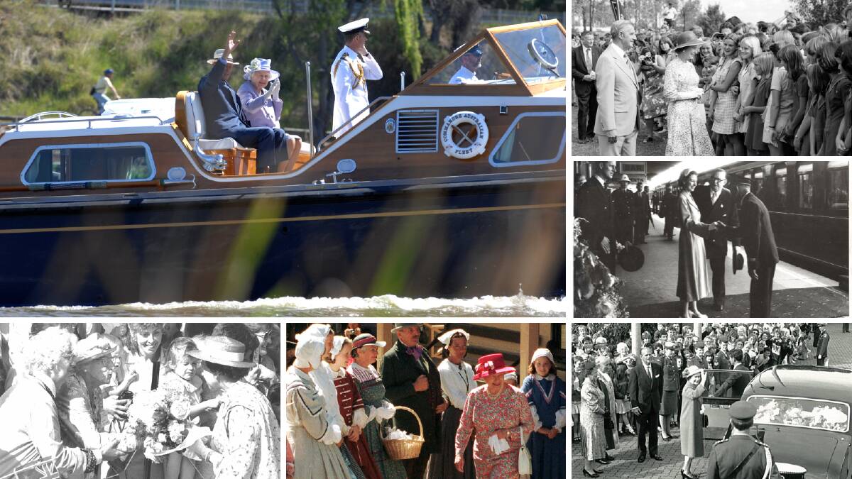 Main: The Queen and the Duke of Edinburgh wave from the Admiral's Barge on Canberra's Lake Burley Griffin in October 2011. Picture by Graham Tidy
INSETS: Various visits across Australia over the years.