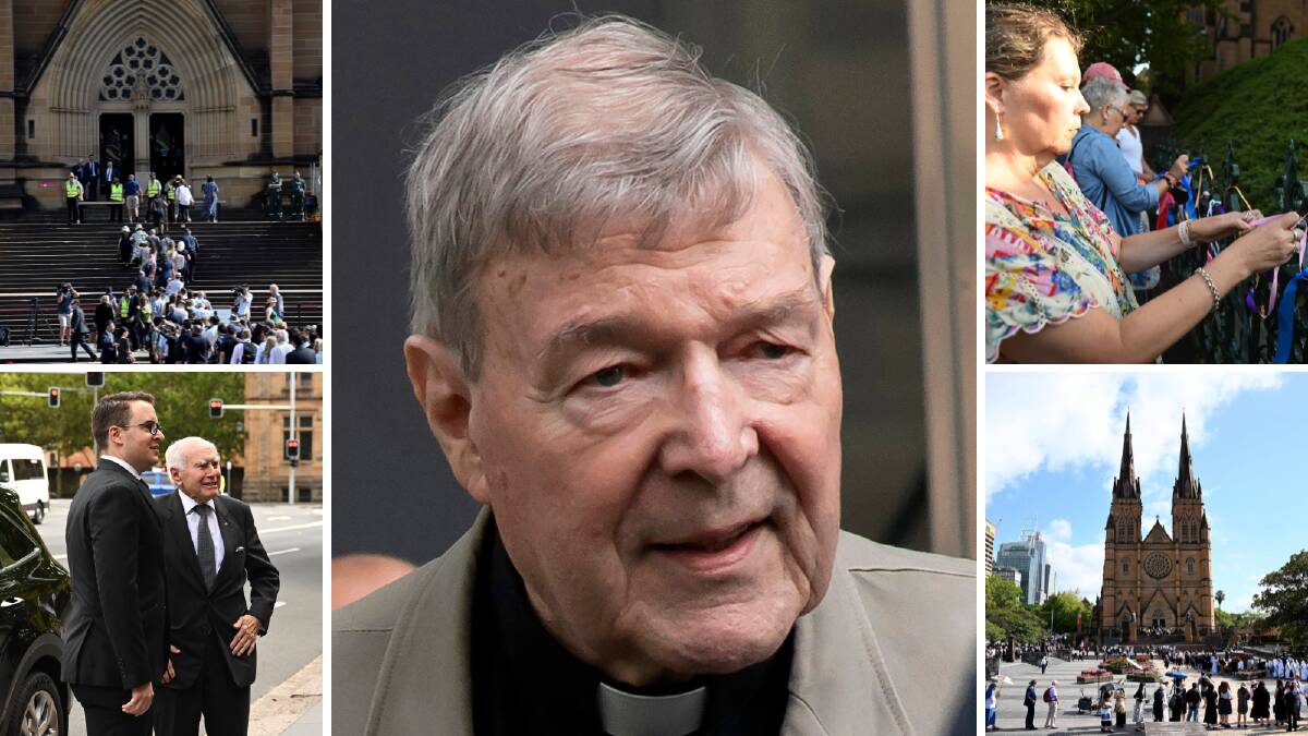 The funeral for Cardinal George Pell, who was once the third-highest ranking cleric in the Vatican and spent more than a year in prison.. Pictures by AP/AAP
