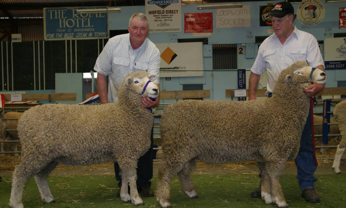 Event returns: Peter McDonald with the champion Romney ewe and Jim Bligh with the champion Romney ram from the 2010 Feature Show in Warrnambool. 