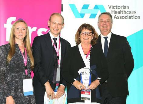 Heywood Rural Health chief executive Jackie Kelly (second from right) collects the award from disability minister Martin Foley (right), major sponsor Kronos representative Lauren Boudreau (left) and Victorian Healthcare Association chief executive Tom Symondson.
