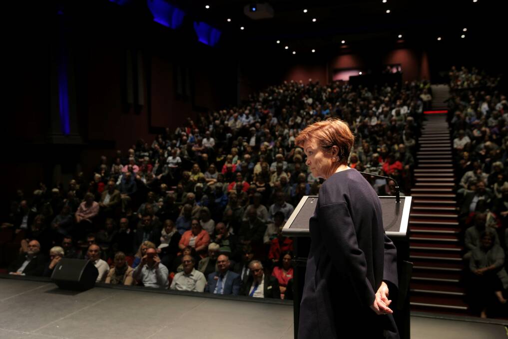 HARD TRUTHS: Deakin University Vice Chancellor Jane den Hollander explained the facts behind the university's issues to a meeting of over 800 people at the Lighthouse Theatre. Picture: Rob Gunstone