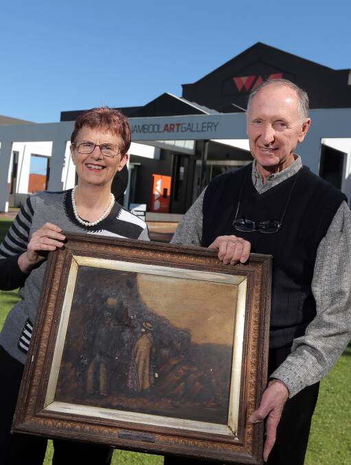 THE GIFT OF ART: Jan and Morris Johnston travelled from Bunbury to donate this Daniel Clarke painting from 1879 to the Warrnambool Art Gallery. Picture: Rob Gunstone