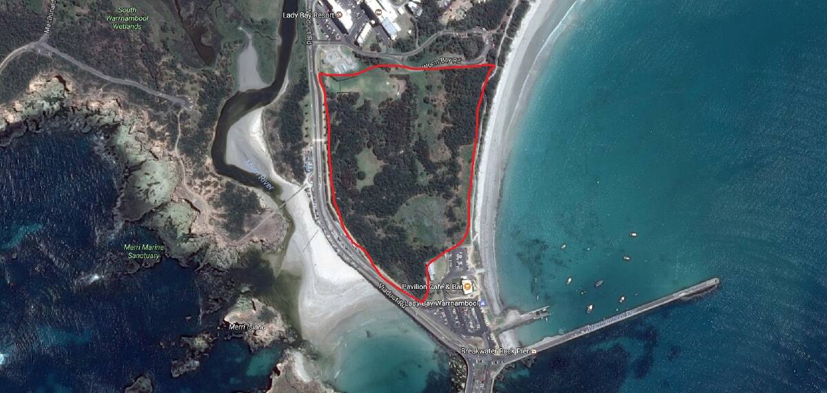 The Worm Bay area (marked in red) is a hotly contested zone, with numerous proposals - including a racehorse training track - before Warrnambool City Council. Image: Google Earth