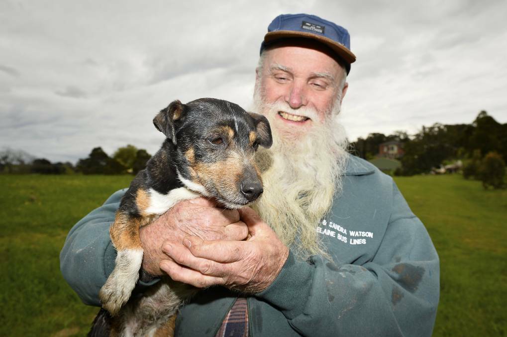 Ian Watson with his eight-year-old jack russell, Goliath, who was saved by Ballarat SES crews after he was found stuck in a Buninyong drain. Photo: Dylan Burns.
