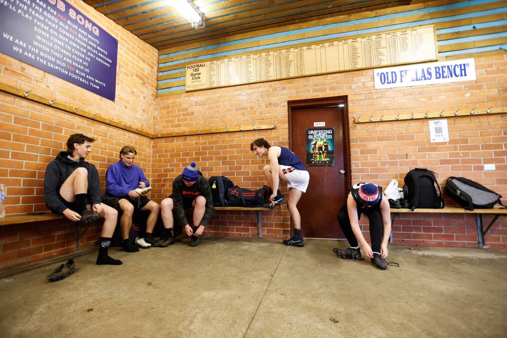 PREPARATION: Junior footballers get ready for training in the Emus' home rooms. Picture: Luke Hemer