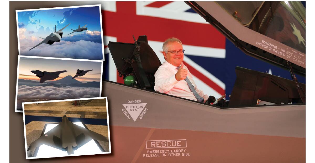 Then prime minister Scott Morrison visits Williamtown in early 2021, with Japanese concepts for fighters to be ready by 2035 at top, and a BAE Systems concept for the same period, below. Pictures by Jonathan Carroll, Bradley Perrett, Japanese Ministry of Defence