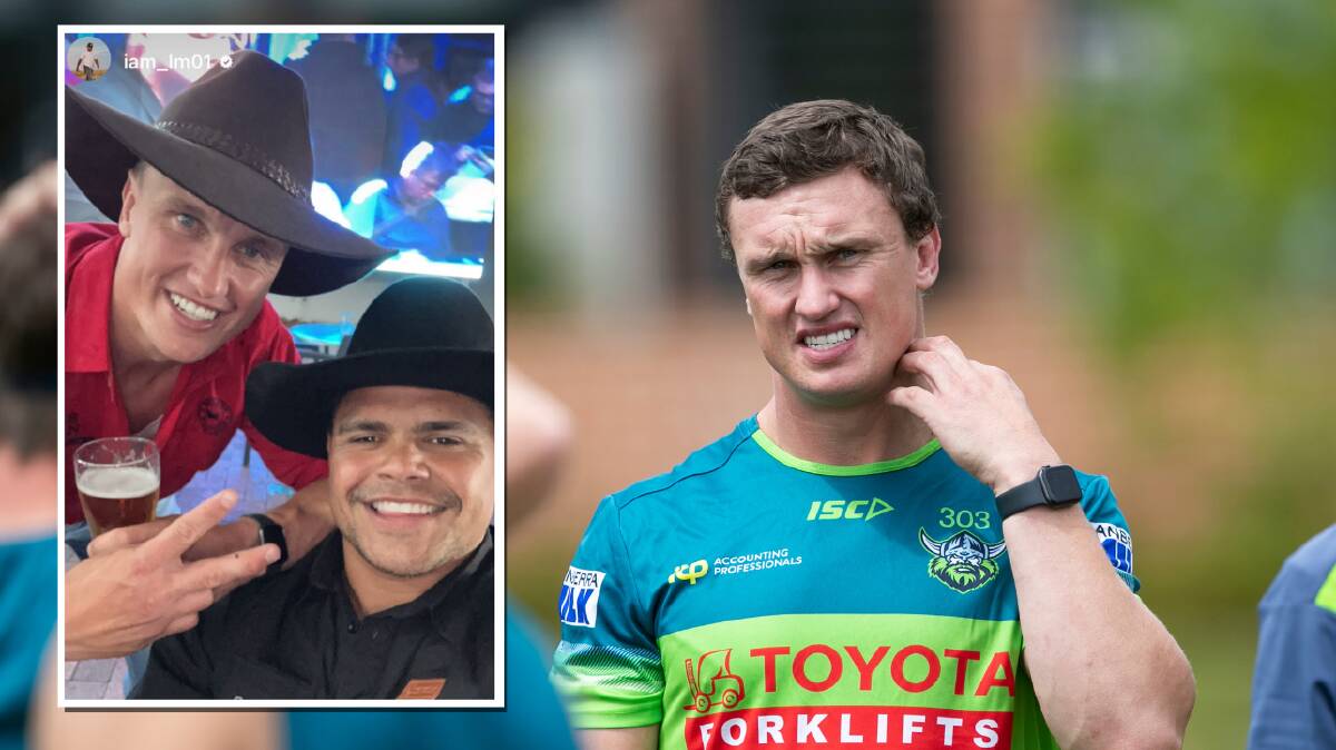 Canberra Raiders star Jack Wighton has been arrested following an incident on Sunday morning and inset, a photo of Wighton and Latrell Mitchell uploaded to Instagram on Saturday night. Picture by Keegan Carroll