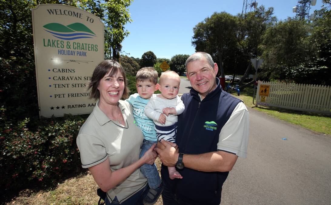 READY TO GROW: Camperdown's Lakes and Craters Holiday Park leasees Jodie Jagoe and Anthony Meechan with their two sons, Thomas and Jesse Meechan. Corangamite Shire has granted a permit for the park to expand. 