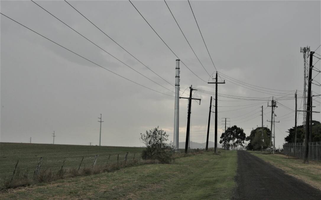 Transmission lines (at left) connecting the Salt Creek wind farm with the grid at Terang.