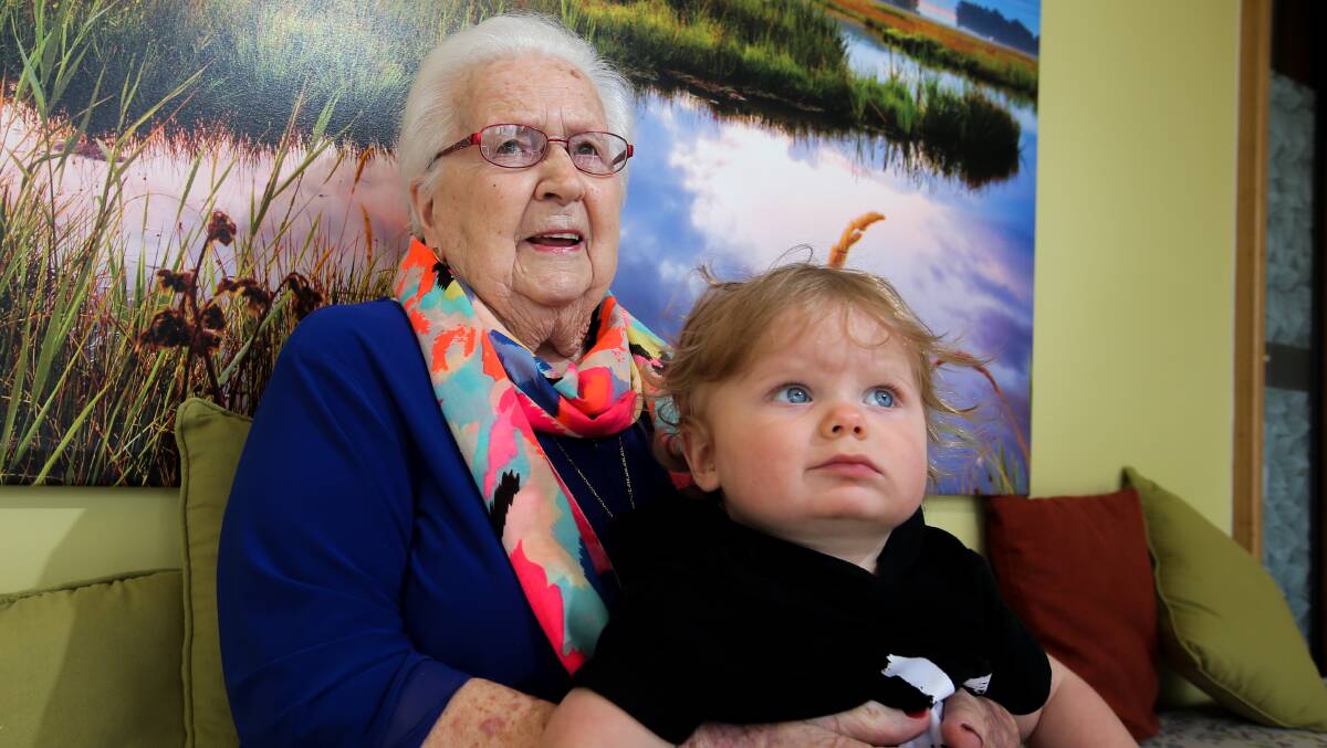 100 reasons to celebrate: Birthday girl Norma Riddle with her great, great grandson Archie Lane, 10 months. Picture: Rob Gunstone