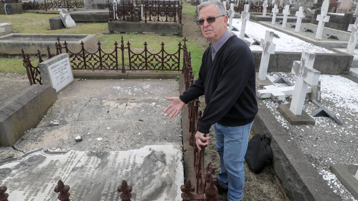 Damage: Doug Heazlewood points out the crumbling state of the Redford family memorial in the Warrnambool Cemetery. Picture: Rob Gunstone