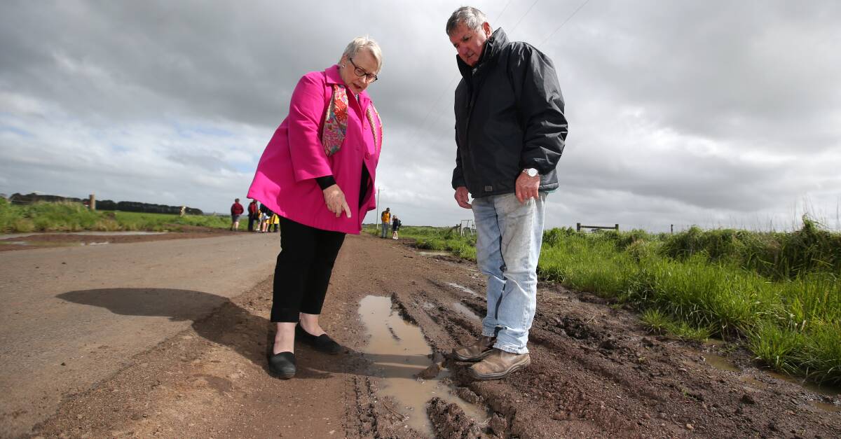 Close look: Corangamite council candidate Bev McArthur and Bookaar local Pat Mahony at Hinkleys Road, Bookar, which Mrs McArthur said is used by trucks and buses.  Picture: Amy Paton