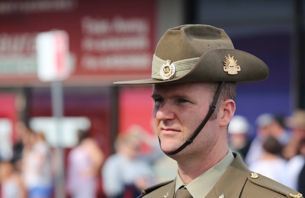 Corporal Michael Gordon of the 5th Engineers wearing the iconic Australian 'slouch hat' during Anzac commemorations in Bega. 