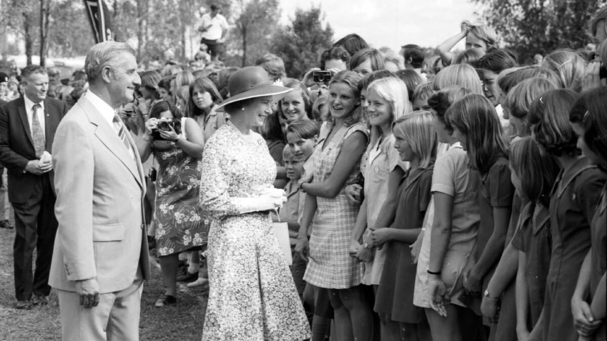 The Queen, ever observant, wanted to know why the Tamworth students were in different school uniforms in 1977. All eyes were on Katrina Telfer - the diminutive student in the darker tunic, pictured centre - when she explained to Her Majesty. 