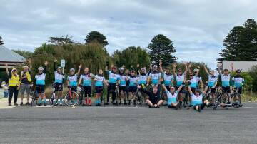 WHAT A RIDE: The Lets Talk Team in their jerseys at the finish line of the 2022 Murray To Moyne. Photo: Supplied