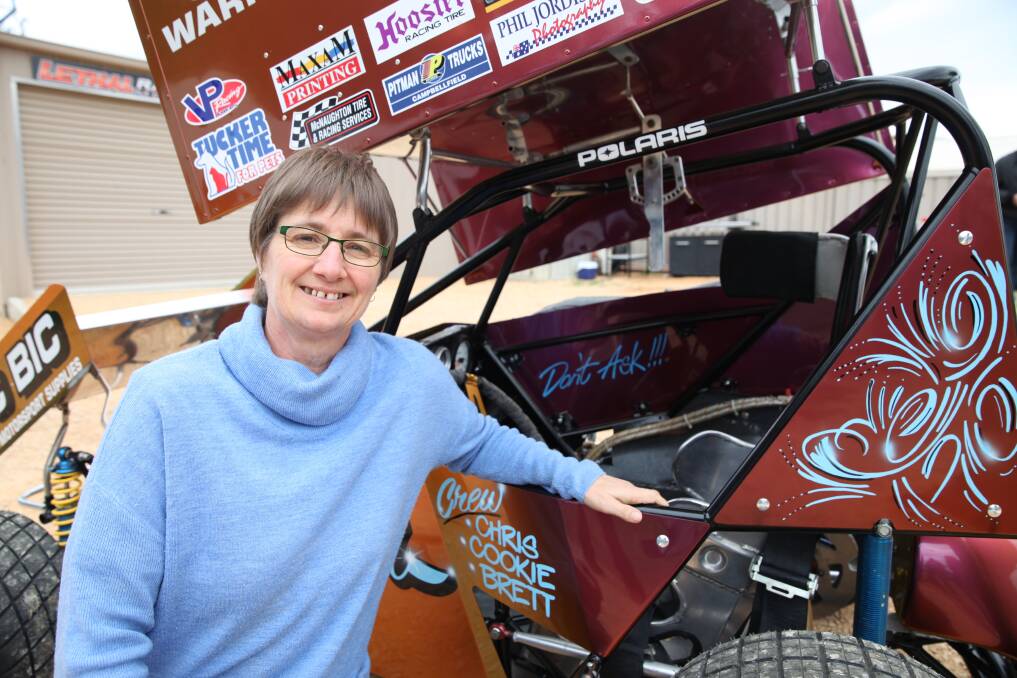 Good times: Cheryl Willsher said late husband Ken, who died in 2018, would a little embarassed but secretly chuffed with Saturday's formula 500 event at the Laang Speedway held in his name. Picture: Gus McCubbing