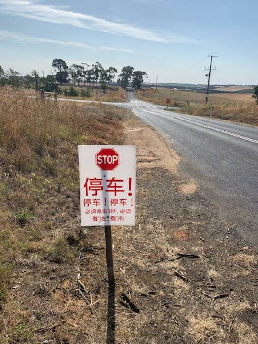 Warning: The Chinese-language placed on the road by a Birregurra local. Picture: supplied.