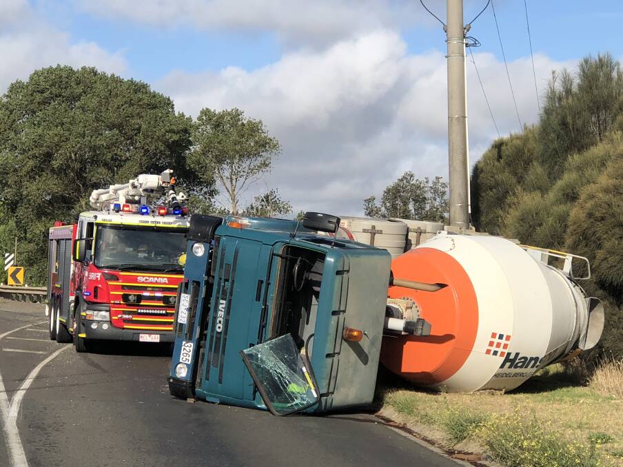 TRAGIC scene: The cement truck following the accident that killed a teenager on the Princes Highway in Allansford. 