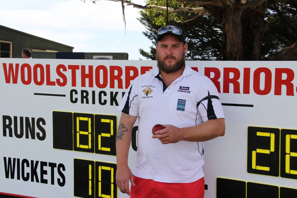 Mailors Flat bowler Chris Woodbridge with the match ball after taking 10-82 against Woolsthorpe. 