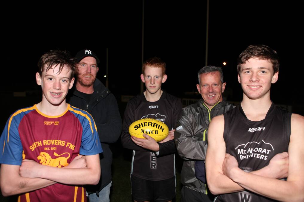 Leadership group: The WDFNL's under 16 interleague vice-captain Miles Picken (far left) with co-coaches Cameron O'Flaherty (left) and Dean Picken (right), captain Henry Kenna (centre) and Ryley Hutchins (far right). Picture: Gus McCubbing