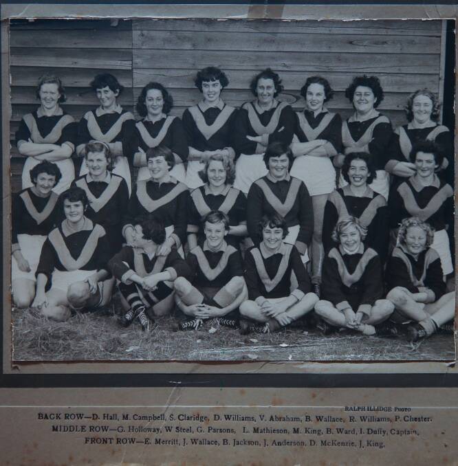 Team shot: Nullawarre Lady Footballers in 1955. Judith Poumako (née Wallace) is in the front row, second from the left. 