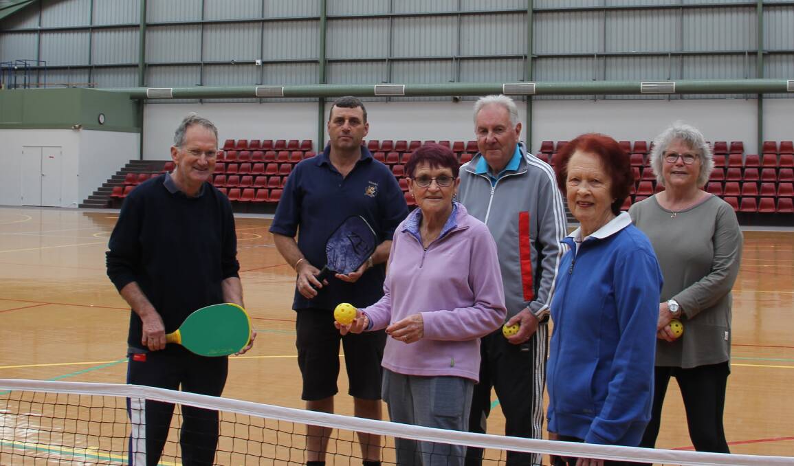 User group: Peter Allan, Kelvin Robertson, Val Bertrand (WCNA president), Clive Bray, Jan Bray and Laureen Beks play pickleball at The Val Bertrand Stadium this week. Picture: Brian Allen