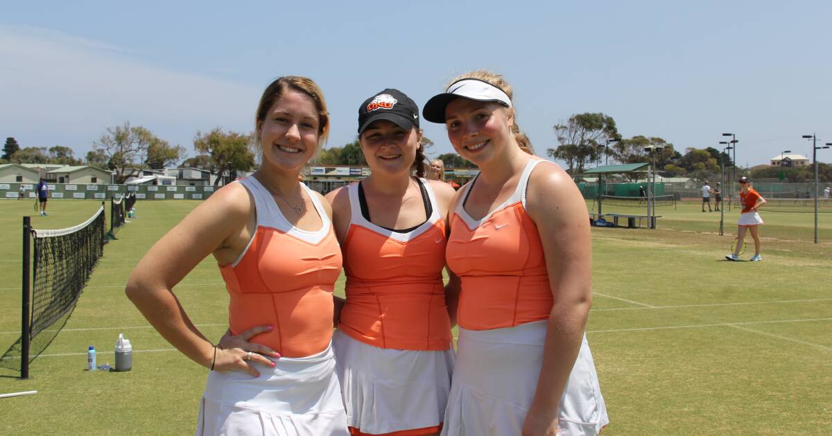 Teammates: Jeorgia Templin, 19, Florine Sanchez, 19, and Jordan Dodson, 21, from Ohio Northern University in the United States at Warrnambool Lawn Tennis Club. Picture: Brian Allen