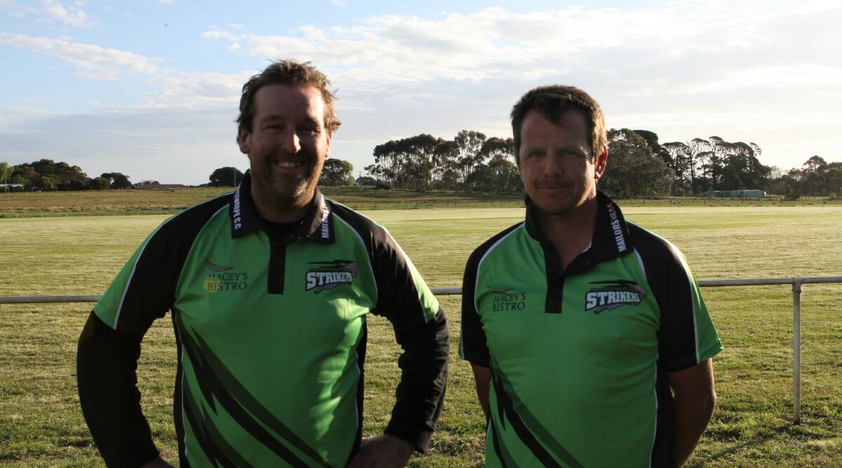 LEADERS: Strikers assistant coach Paul Sheen and coach Daniel Pender at training in Woolsthorpe. Picture: Brian Allen