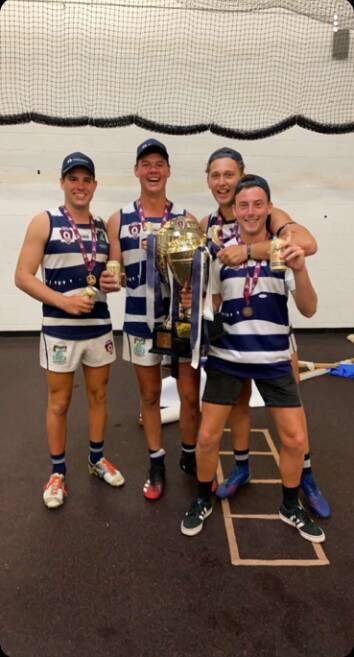 You beauty!: Sam Giblett, Lochie Rosevear, Christian Koroneos and Josh Hickey celebrate winning their premierships with Port Douglas.