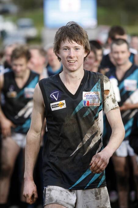 
A great day: Justin Hicks, who kicked a goal and was among his team's best, on 2010 grand final day. Picture: Damian White 