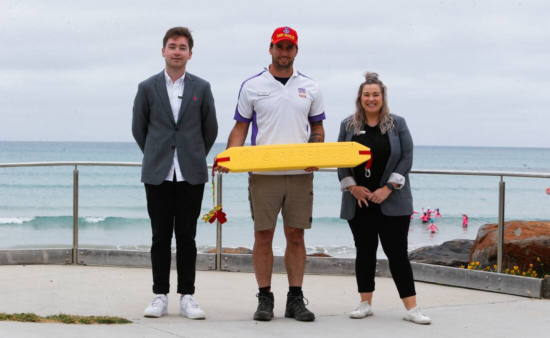EXCITING DAY FOR CLUB: (l-r) Community Bank Port Fairy and District's Tom Flaherty, Port Fairy Surf Lifesaving Club president Adam McCosh and bank branch manager Hollie Ciurleo. Picture: Emma Stapleton