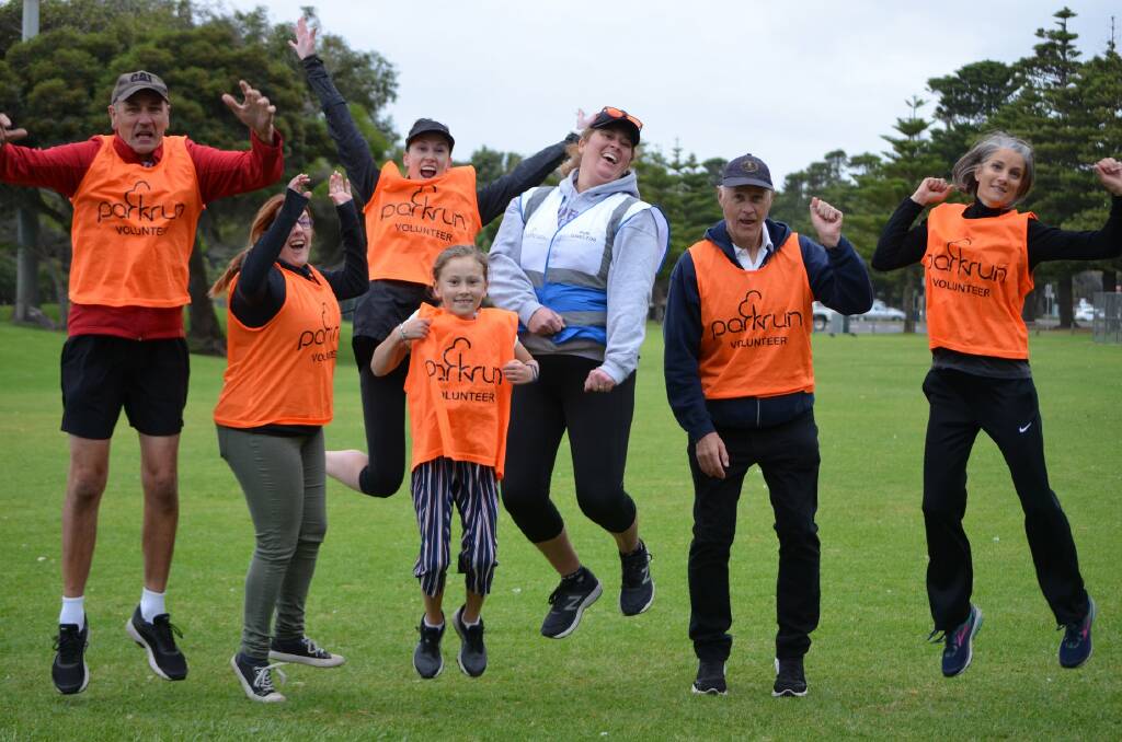 Jump for joy: Warrnambool parkrun volunteers pictured before parkrun was out of action due to the coronavirus pandemic. They, like runners and walkers, are excited to see the event return this Saturday.
