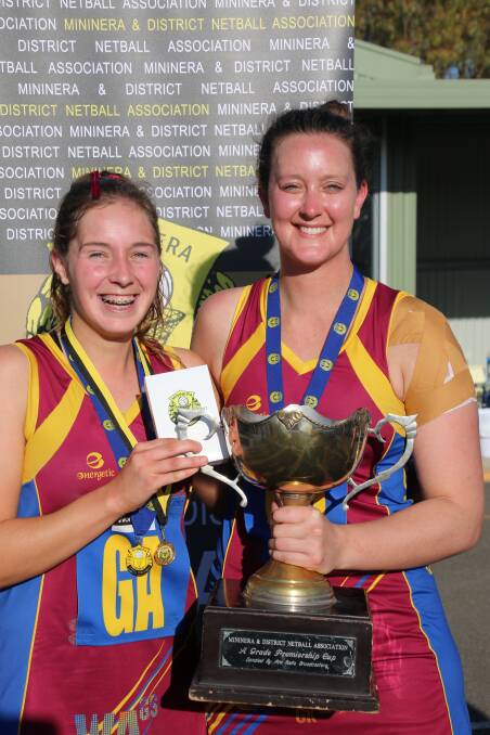Teammates: (l-r) Best on court Rebecca Langley will Rams captain Emma Sommerville after the premiership win. Picture: Tracey Kruger