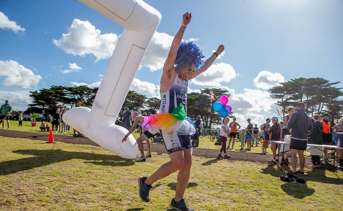 GREAT DAY OUT: Warrnambool Tri Club president Ian Barnes embraced the dress-up theme for the Killarney triathlon earlier this year. Picture: Chris Doheny 