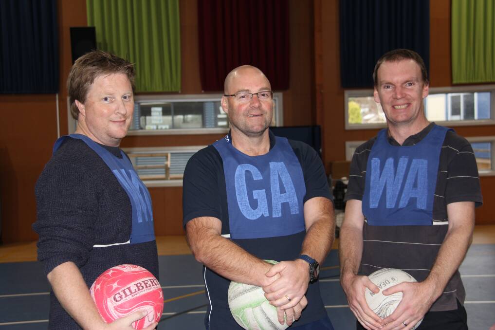 Ready for competition: Dean Kilpatrick, Stephen Hogan and Ben Leuden are part of the Our Lady Help of Christians Primary School team wanting to play mixed netball in Warrnambool. Picture: Brian Allen 