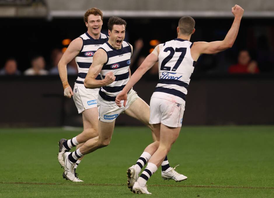 YOU BEAUTY: Dartmoor product Jeremy Cameron celebrates kicking a goal for the Cats against Greater Western Sydney. Cobden export Gary Rohan is running behind him. Picture: Paul Kane/Getty Images