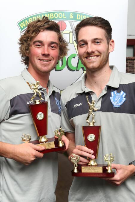 Awards night: Russells Creek's Cam Williams won the 2020/21 WDCA division one batting average while teammate Matthew Petherick won the bowling average. Picture: Chris Doheny