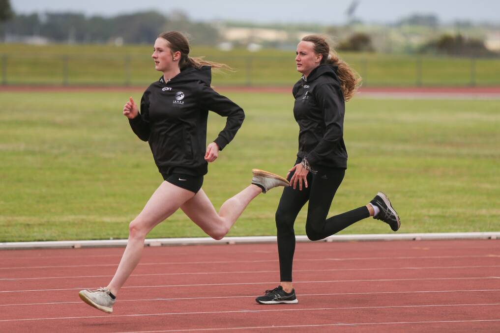 Fast: Grace Carter leads Anna Prendeville at Inner Speed and Power training. Carter is competing in the Warrnambool Gift on Saturday. Picture: Morgan Hancock