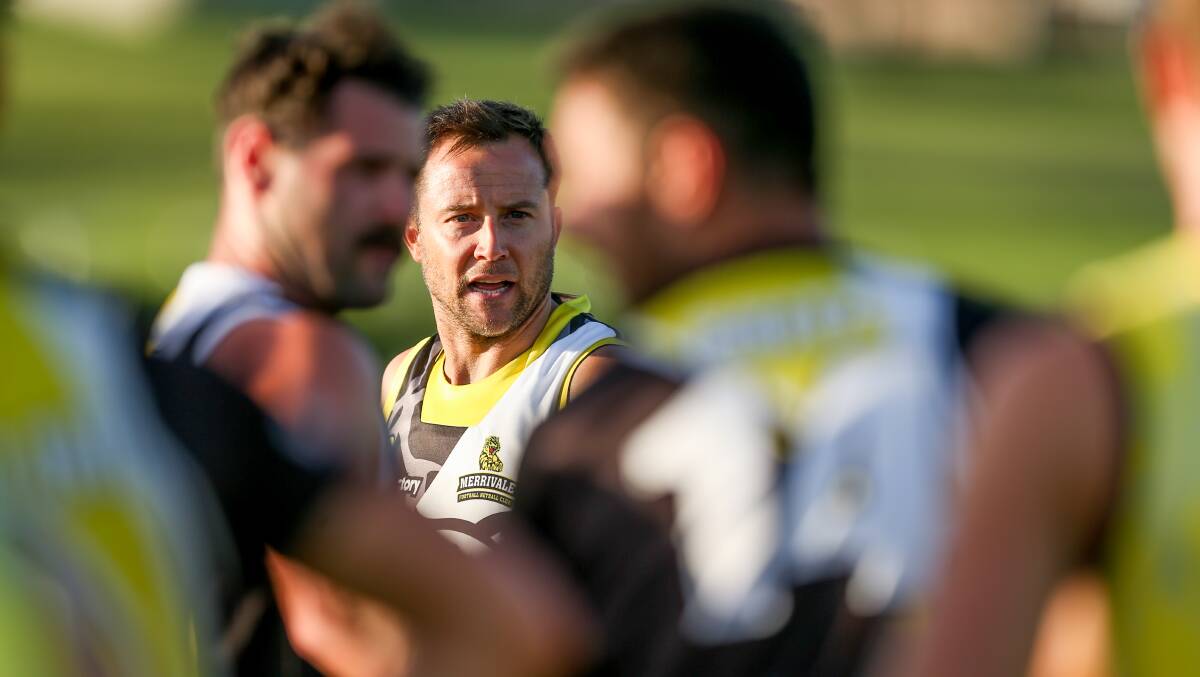 Game on: Merrivale coach Josh Sobey talks to his players at training on Monday night. Picture: Chris Doheny 