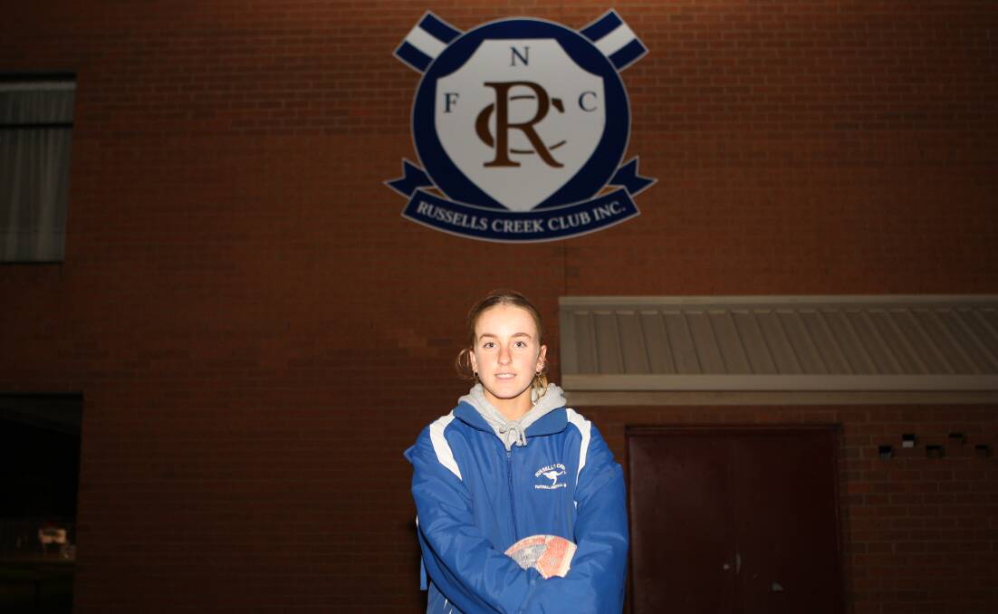 At Mack Oval: Russells Creek netballer Charlotte van der Starre pictured with the club's new logo. Picture: Brian Allen