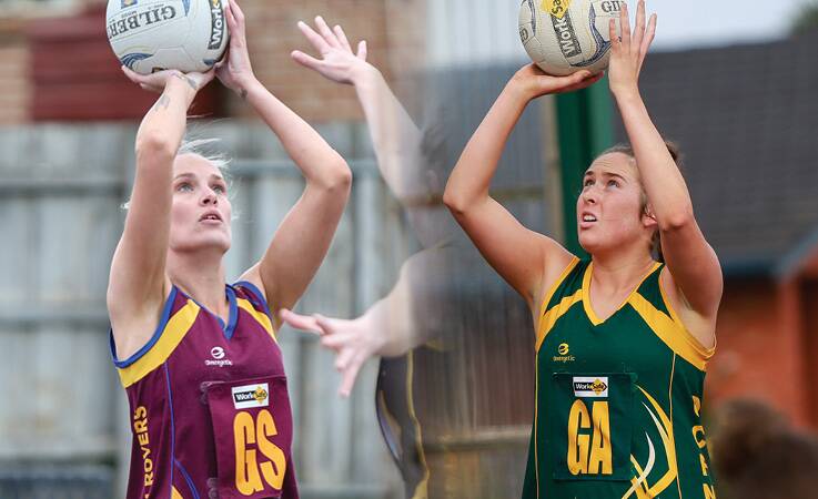 The best: South Rovers' Rhi Davis and Old Collegians' Maggie Kline are the leading goal scorers in the Warrnambool and District league A grade. Pictures: Christine Ansorge, Anthony Brady