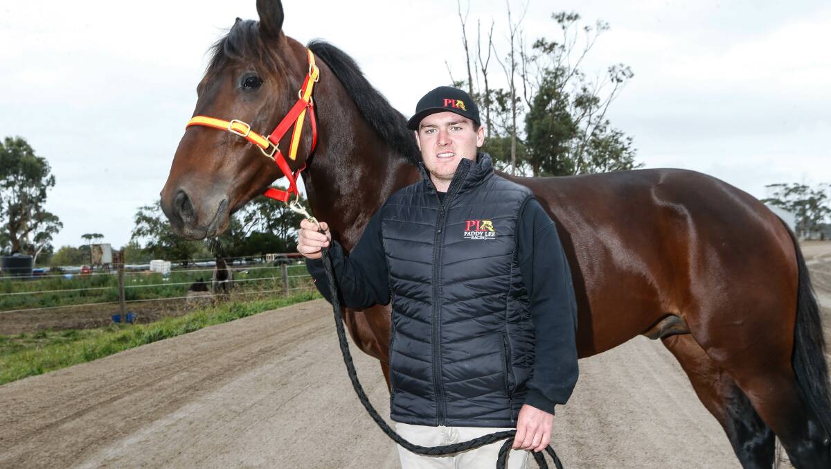 In good form: Trainer Paddy Lee with Jilliby Retro ahead of Friday night's harness racing meet at Terang. Picture: Anthony Brady
