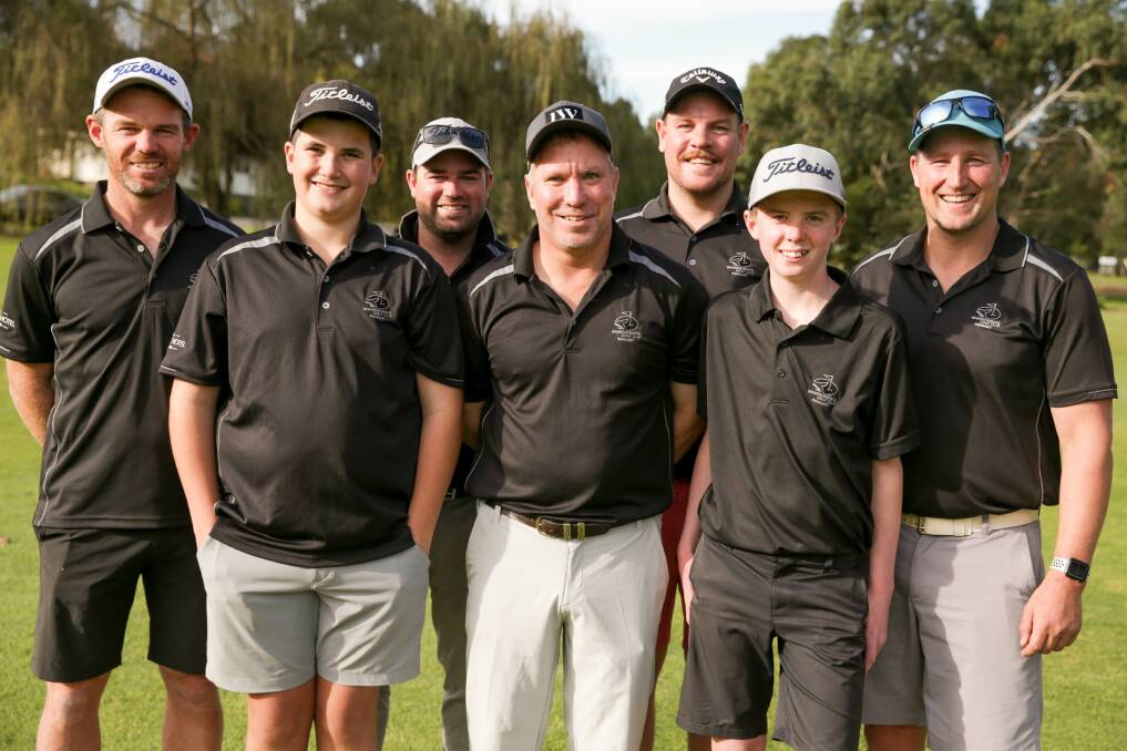 Success: Warrnambool's Adam McLeod, Lachie Walker, Matt Jewell, Simon Goggin, Brent Mahney, Eli McLeod and Michael Keane were division three scratch victors. Tony Saunders was also part of the team but volunteered to sit out on Sunday. Picture: Chris Doheny 