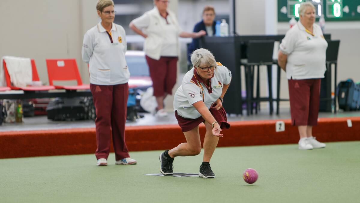 Flying along: Timboon bowler Gill Vorwerk bowls during her team's regional midweek pennant play-off. Picture: Anthony Brady 