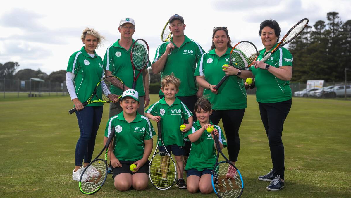 IN THE RUNNING: (L-R back) Warrnambool Lawn Tennis Club's Tracy Gedye, Lew Officer, Shane Gedye, Sarah Milroy, Kim Tobin. (Front) Siblings Charlie, 10, Ollie, 5, and Georgie Milroy, 7. Picture: Morgan Hancock 
