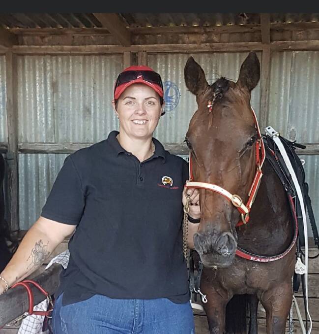 Back into it: Bec East with Justwantano at Terang. East has had a tough two months due to a track work fall. She has five runners in Terang's meet on Wednesday night.